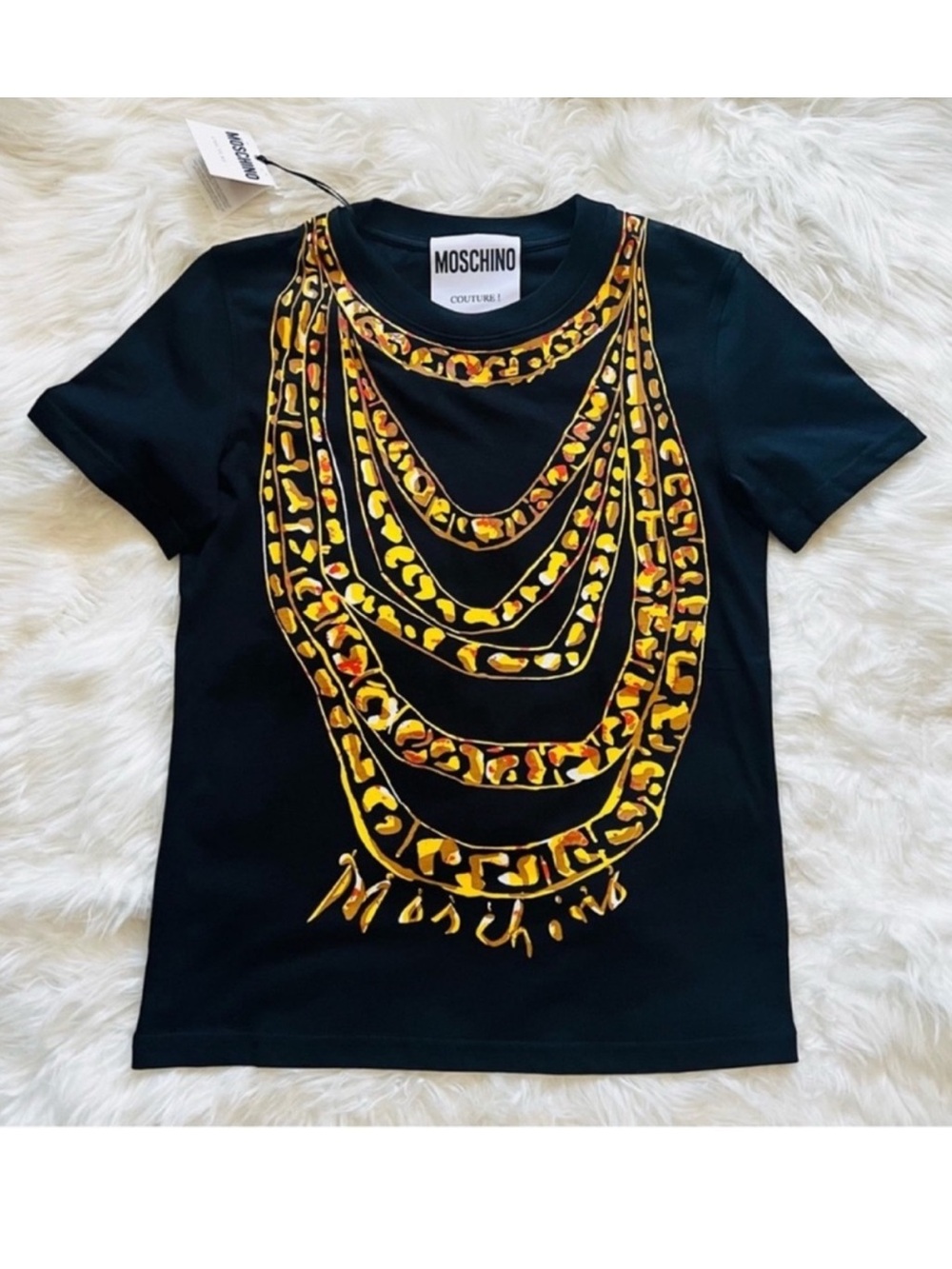 New! Moschino Couture Chain Print Graphic T-Shirt Black Gold Statement Tee - Picture 4 of 9